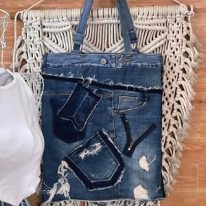 Slim Tote Bag From Old Jeans, Impressive Unique Fabric Combination, Distinctive Fashion Handbag, Sustainable Fashion Accessory, Handcrafted Gift