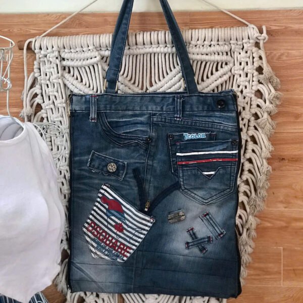 "7Color" Slim Tote Bag From Old Jeans, Honoring Creative Souls, Denim Tote Bag, Fashion Accessory, Impressive Birthday Gift, Unique Handmade Gift - Image 2