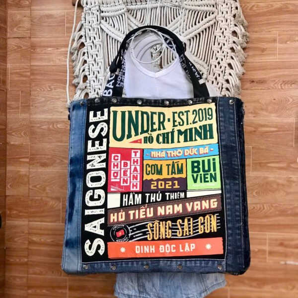 Saigonese Tote Bag From Recycled Jeans, Lively Mark Of Time, Large Tote Bag, Sustainable Fashion, Creative Birthday Gift, Unique Saigon Souvenir - Image 2