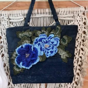 Blue Flower Tote Bag From Old Jeans, A Touch Of Mystery To Your Outfit, Upcycled Denim Bag, Creative Birthday Gift For Her, Unique Handmade Gift
