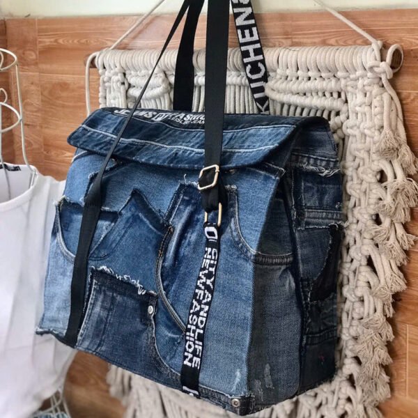 Patchwork Flap Tote Bag From Old Jeans, Creating Impressive Shapes In Any Space, Sustainable Fashion Handbag, Unique Accessory, Unique Handmade Gift - Image 3