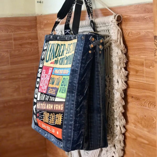 Saigonese Tote Bag From Recycled Jeans, Lively Mark Of Time, Large Tote Bag, Sustainable Fashion, Creative Birthday Gift, Unique Saigon Souvenir - Image 3