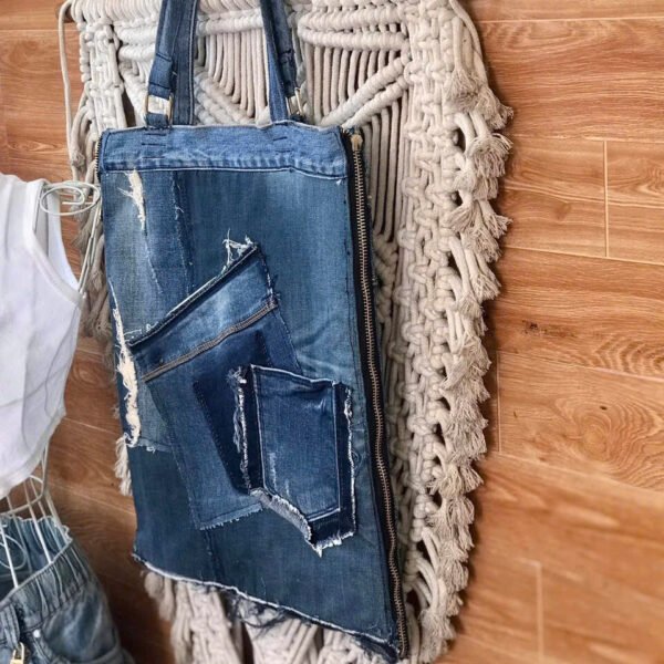 Slim Tote Bag From Old Jeans, Impressive Unique Fabric Combination, Distinctive Fashion Handbag, Sustainable Fashion Accessory, Handcrafted Gift - Image 3