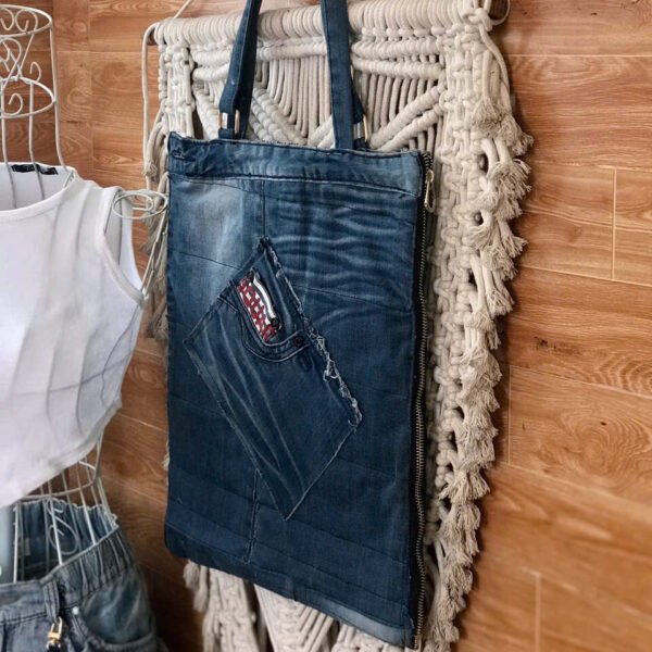 "7Color" Slim Tote Bag From Old Jeans, Honoring Creative Souls, Denim Tote Bag, Fashion Accessory, Impressive Birthday Gift, Unique Handmade Gift - Image 3