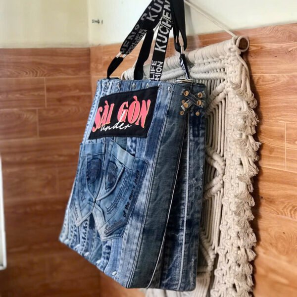 Saigonese Tote Bag From Recycled Jeans, Lively Mark Of Time, Large Tote Bag, Sustainable Fashion, Creative Birthday Gift, Unique Saigon Souvenir - Image 5
