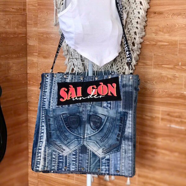 Saigonese Tote Bag From Recycled Jeans, Lively Mark Of Time, Large Tote Bag, Sustainable Fashion, Creative Birthday Gift, Unique Saigon Souvenir - Image 4