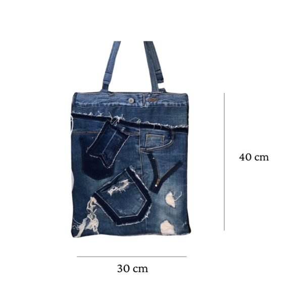 Slim Tote Bag From Old Jeans, Impressive Unique Fabric Combination, Distinctive Fashion Handbag, Sustainable Fashion Accessory, Handcrafted Gift - Image 4